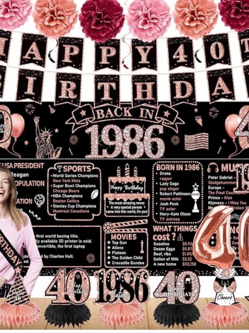 40th Birthday Party Back in 1986 Rose Gold and Black Party Kit